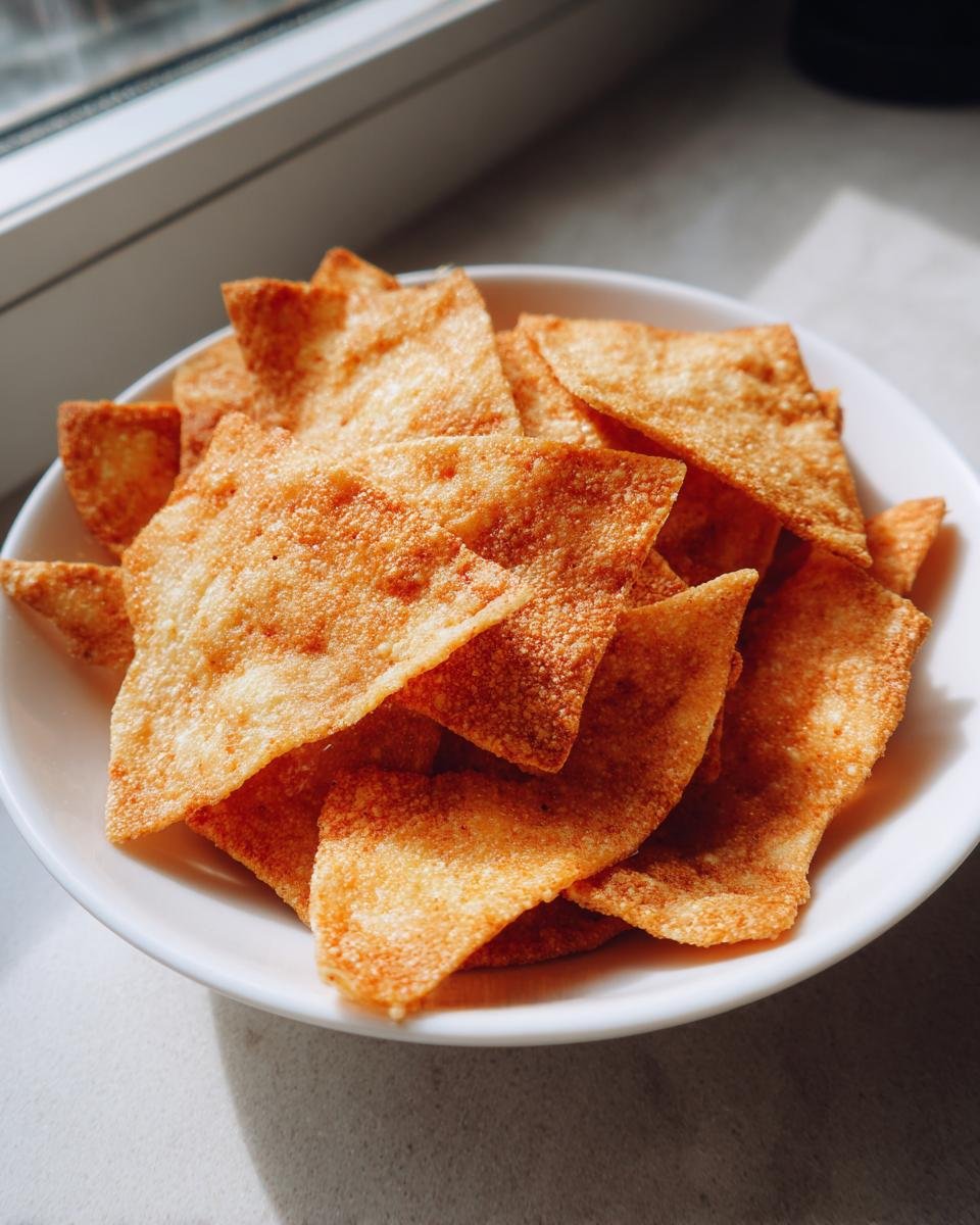 A white bowl filled with crispy, golden-brown 2 Ingredient Easy Pizza Chips, catching sunlight near a window.