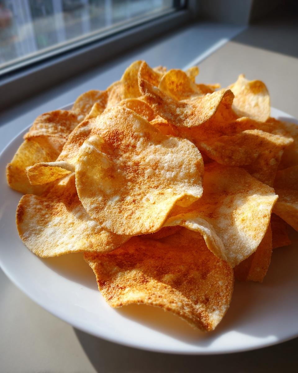 A close-up of crispy, golden 2 Ingredient Easy Pizza Chips seasoned with red spices, piled high on a white plate near a window.