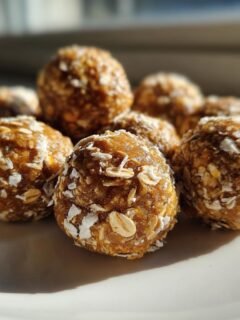 A plate of delicious, no-bake Energy Balls coated lightly with oats and coconut flakes, photographed in bright sunlight.