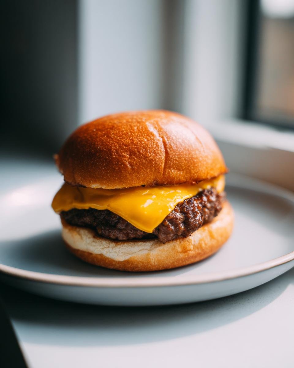 A perfectly cooked hamburger with melted cheese on a toasted bun, ready to eat after Cooking A Hamburger Using An Air Fryer.