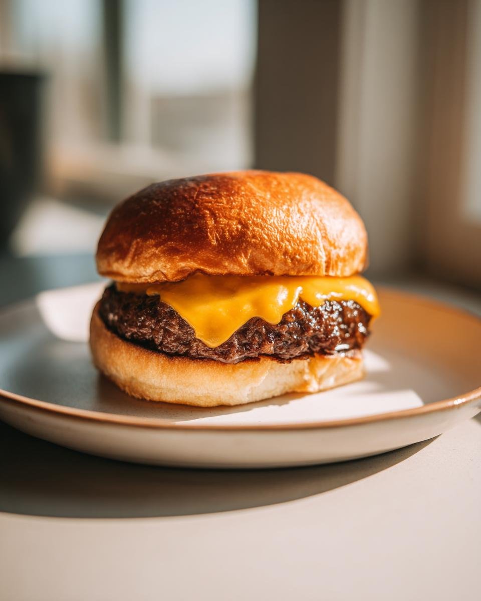 A perfectly cooked hamburger with melted cheese on a brioche bun, ready to eat after cooking a hamburger using an air fryer.