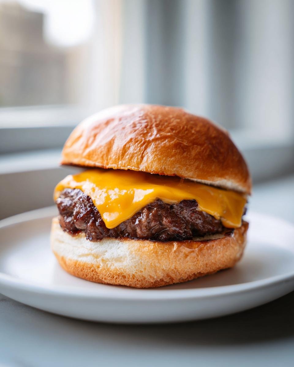 A delicious cheeseburger with a glossy bun, perfectly cooked patty, and melted American cheese, ready for Cooking A Hamburger Using An Air Fryer.