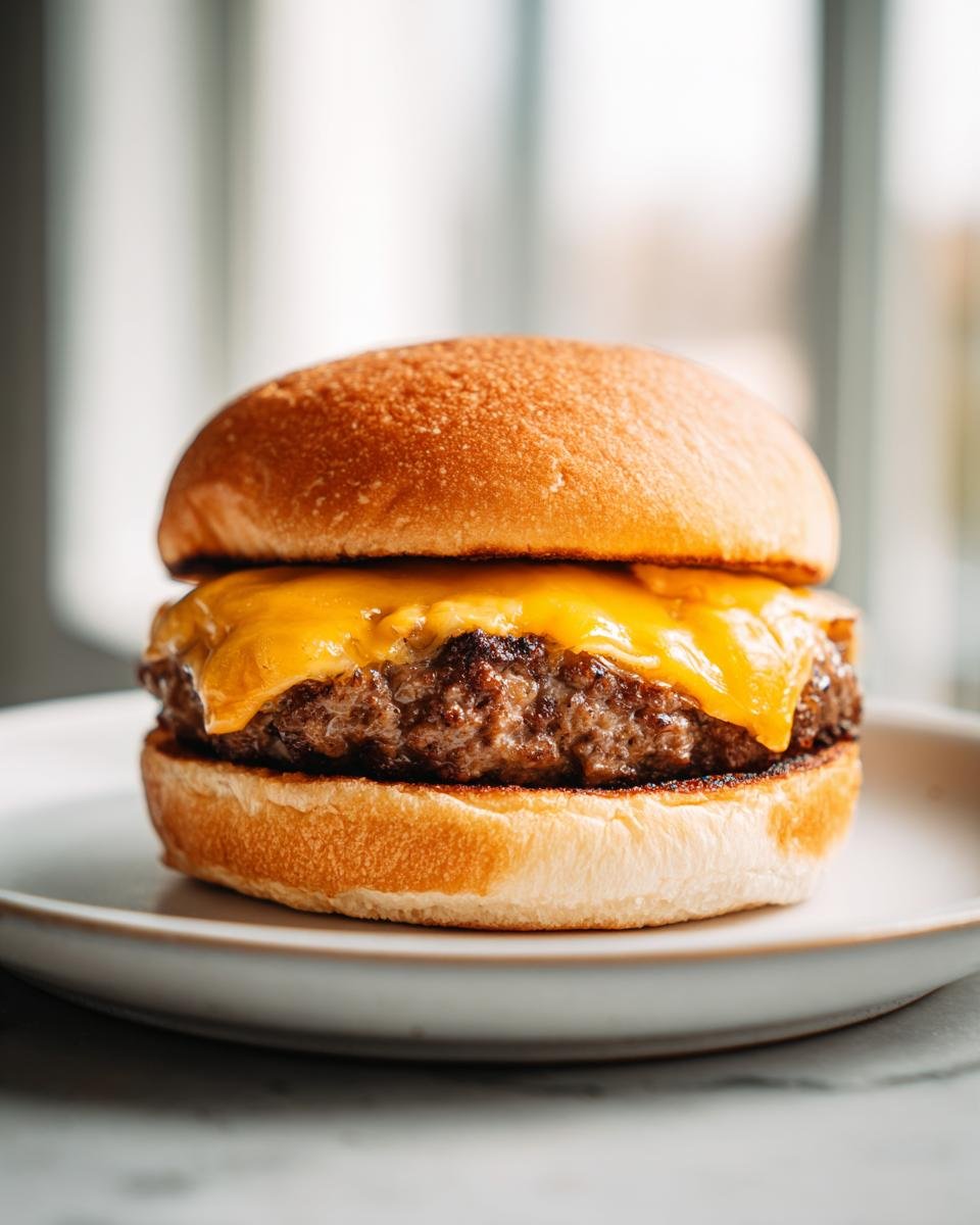 Close-up of a juicy hamburger patty topped with melted cheddar cheese on a toasted bun, ready for cooking a hamburger using an air fryer.