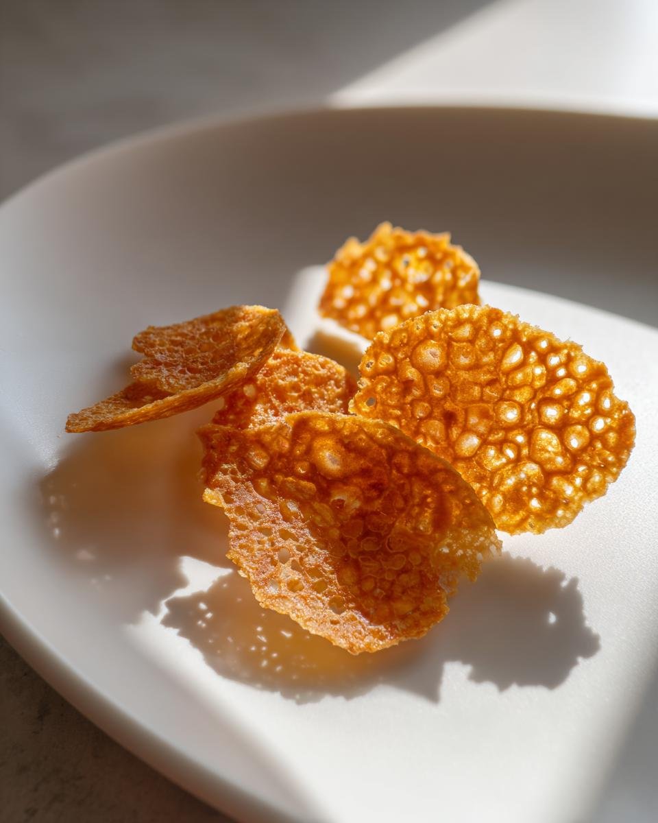 Close-up of delicate, lacy Almond Crisps resting on a white plate, highlighted by strong sunlight.