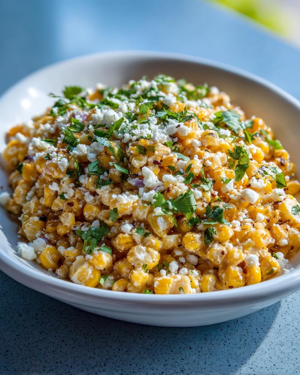 A close-up view of a vibrant Mexican Corn Salad topped with crumbled white cheese and fresh cilantro.