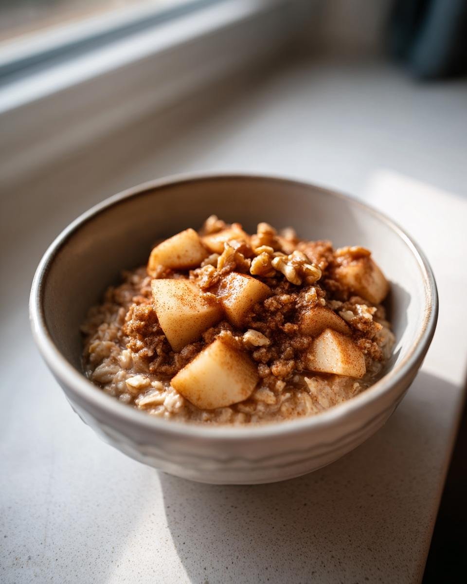 A close-up of warm Apple Crumble Oatmeal Bowls topped with cinnamon-dusted apple chunks and walnuts, sitting by a window.