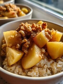 A close-up of one of the Apple Crumble Oatmeal Bowls topped with caramelized apples and crumble.