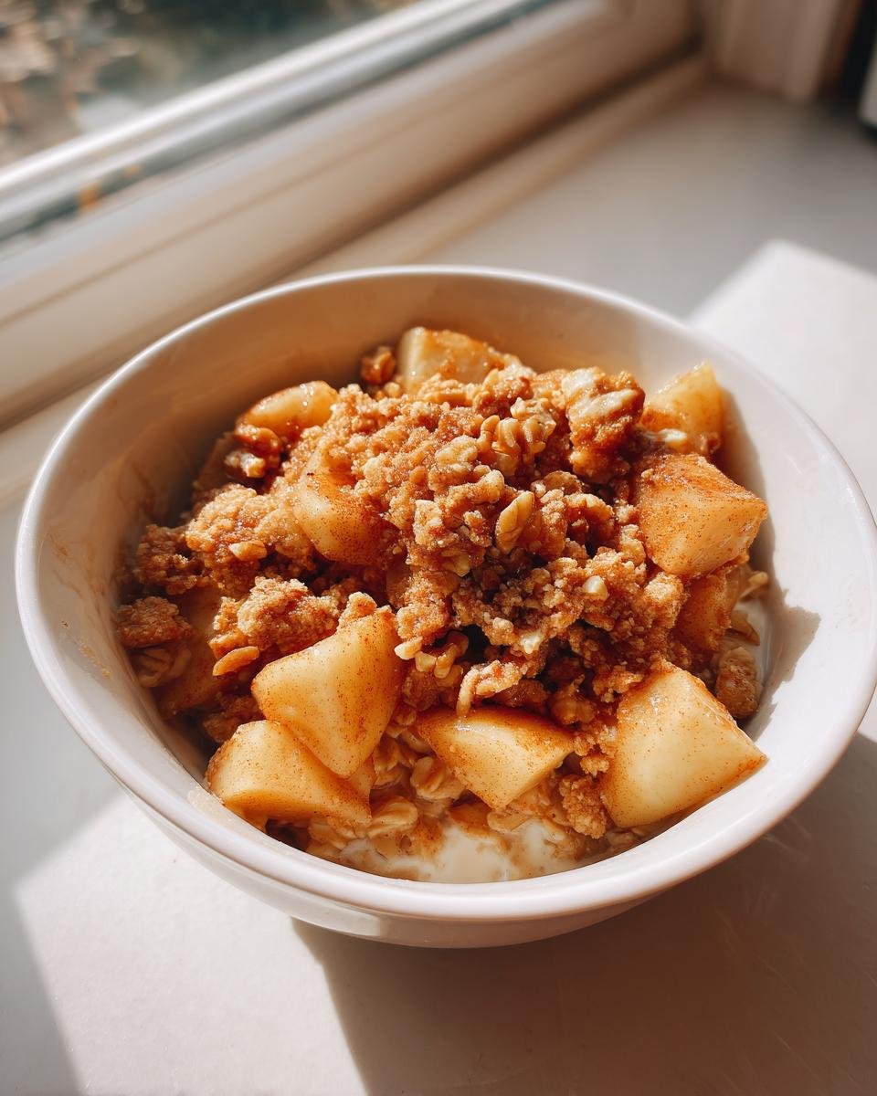 A close-up of Apple Crumble Oatmeal Bowls topped with cinnamon-dusted apple chunks and streusel.