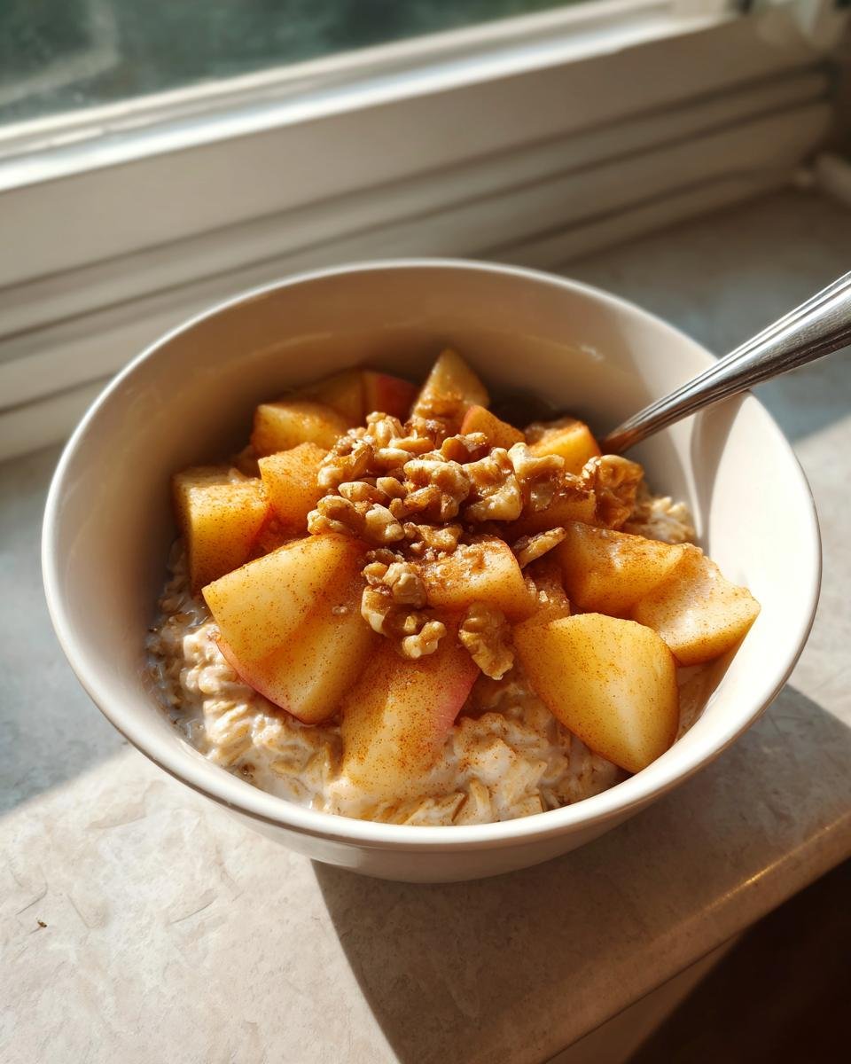 Close-up of Apple Crumble Oatmeal Bowls topped with cinnamon-dusted apples and walnuts.
