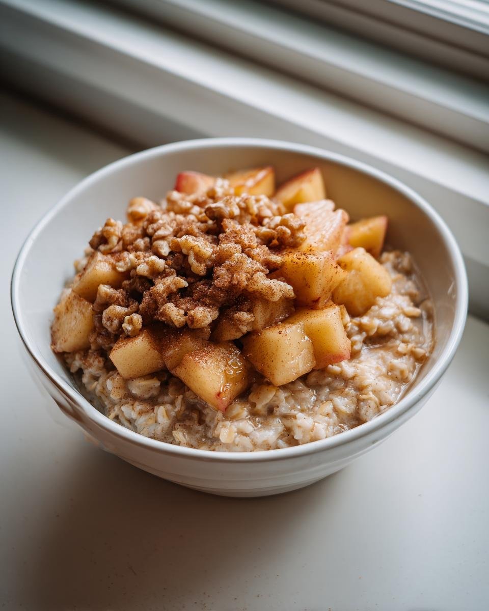 A close-up of Apple Crumble Oatmeal Bowls topped with cinnamon-dusted cooked apples and walnuts.