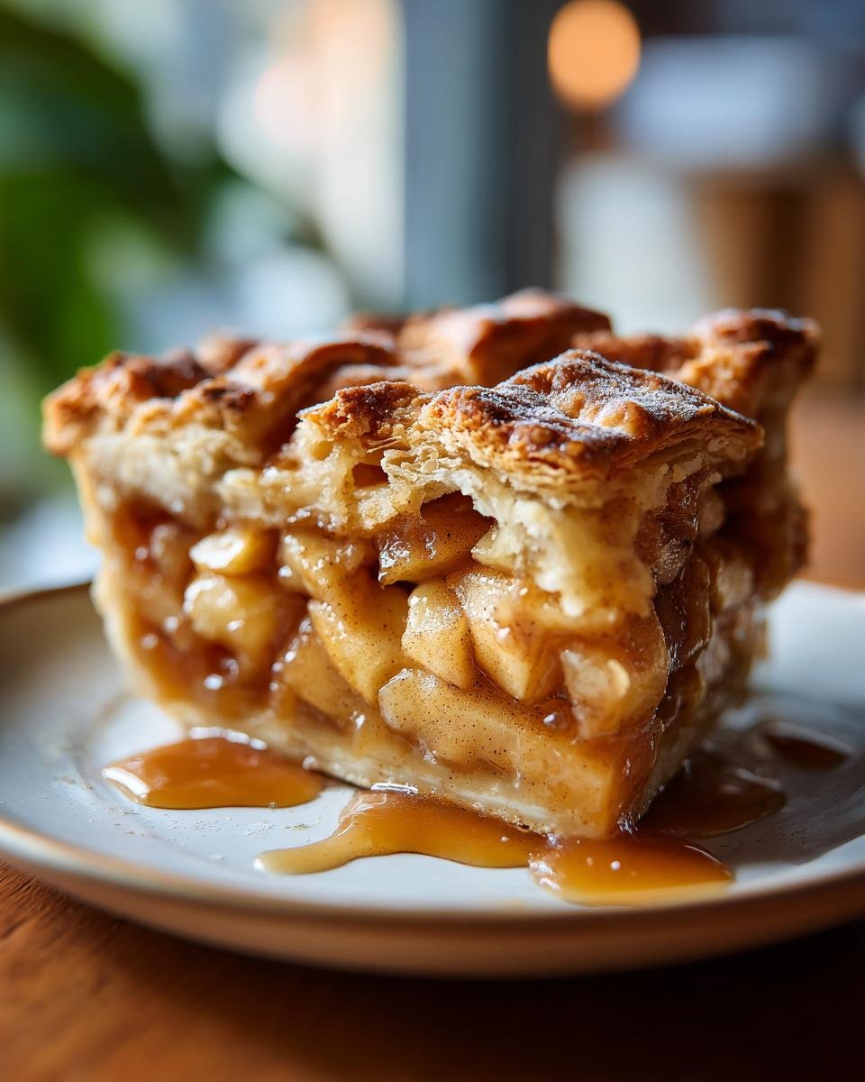 Close-up of a thick slice of Apple Slab Pie showing flaky crust and cinnamon-spiced apple filling, drizzled with caramel sauce.
