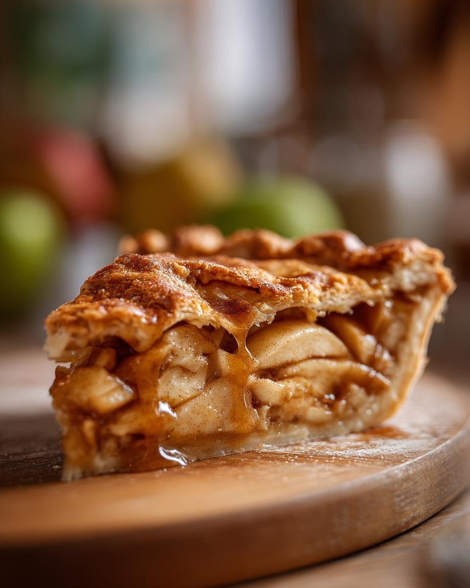 Close-up of a delicious slice of Apple Slab Pie showing thick apple filling and gooey caramel sauce.