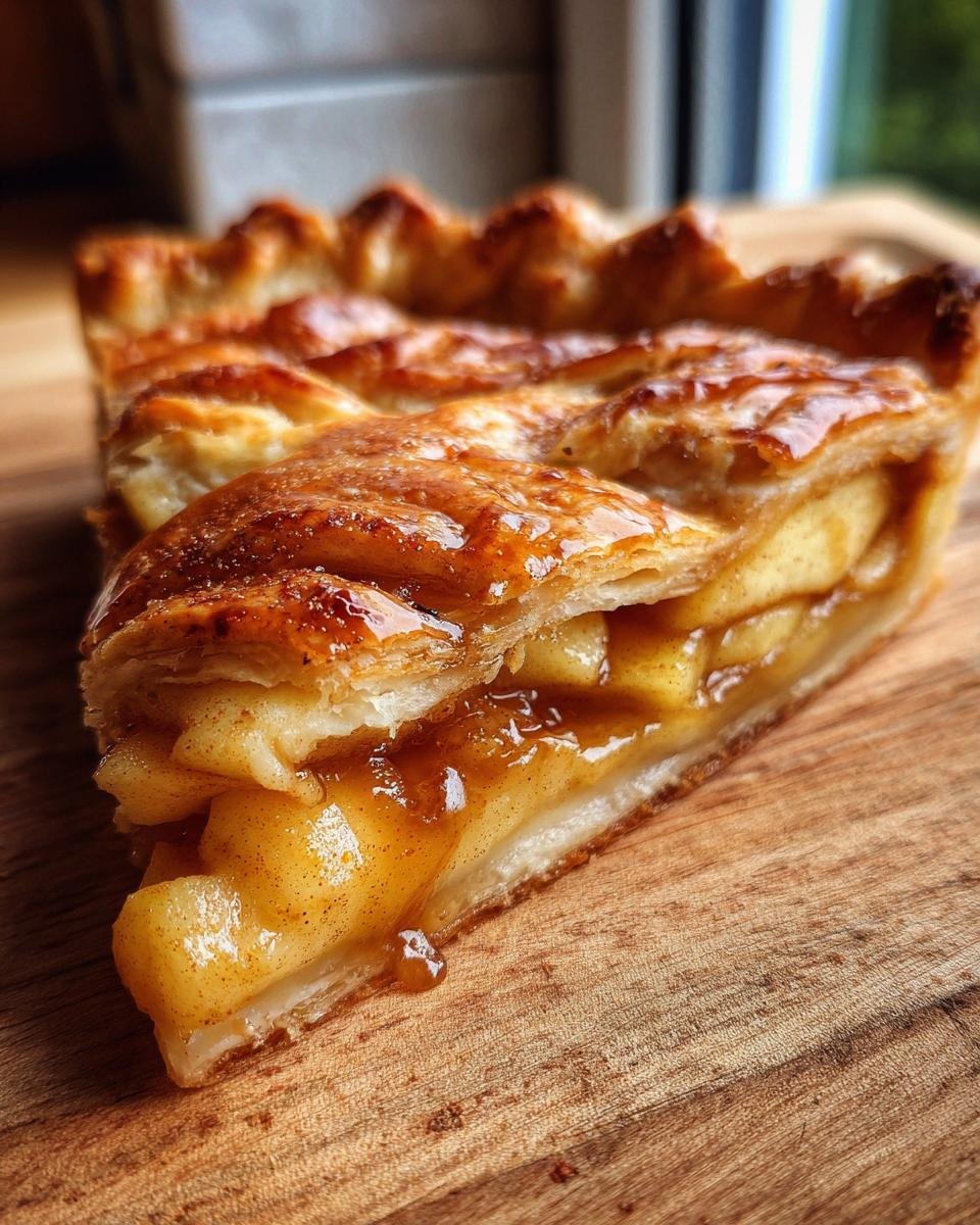 A close-up, mouthwatering slice of Apple Slab Pie showing flaky crust and gooey cinnamon apple filling.