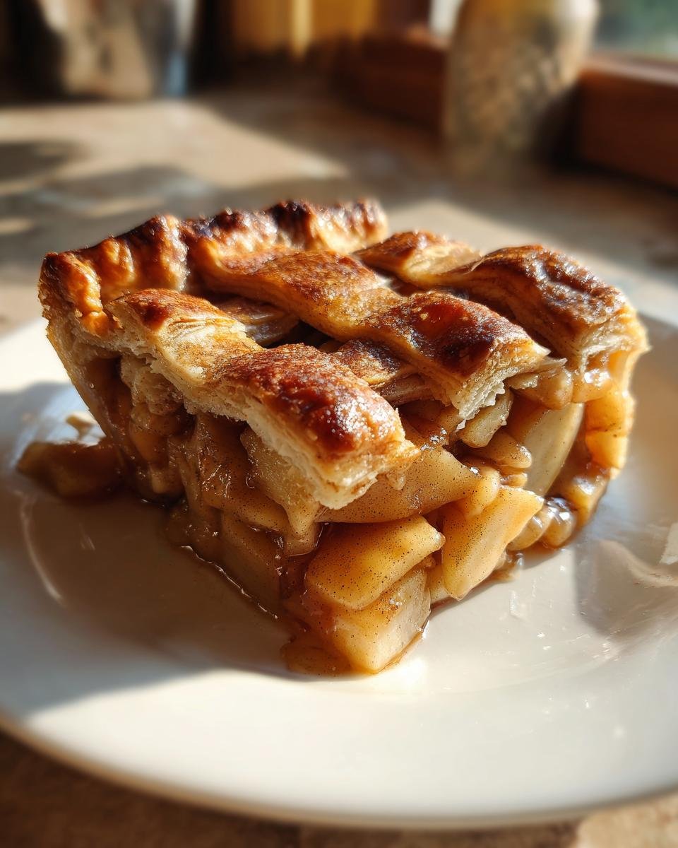 A close-up of a juicy slice of Apple Slab Pie showing thick apple filling and a golden lattice crust.