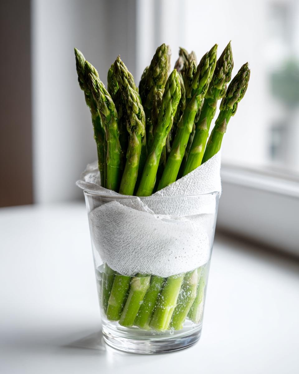 Fresh asparagus spears standing upright in a glass of water, demonstrating a tip to keep produce fresh.
