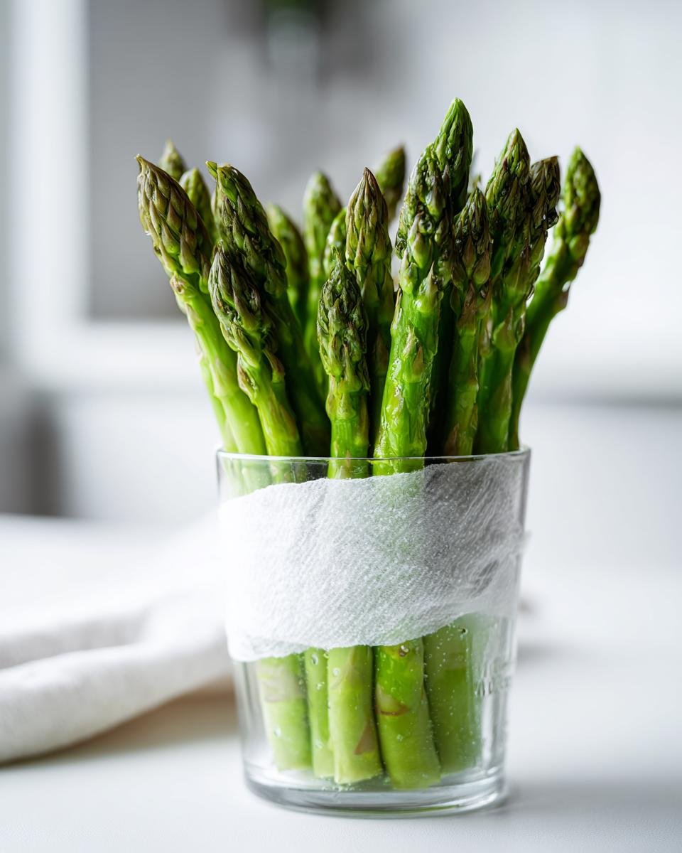 Fresh green asparagus spears standing upright in a glass of water, illustrating tips to keep your produce fresh for weeks.