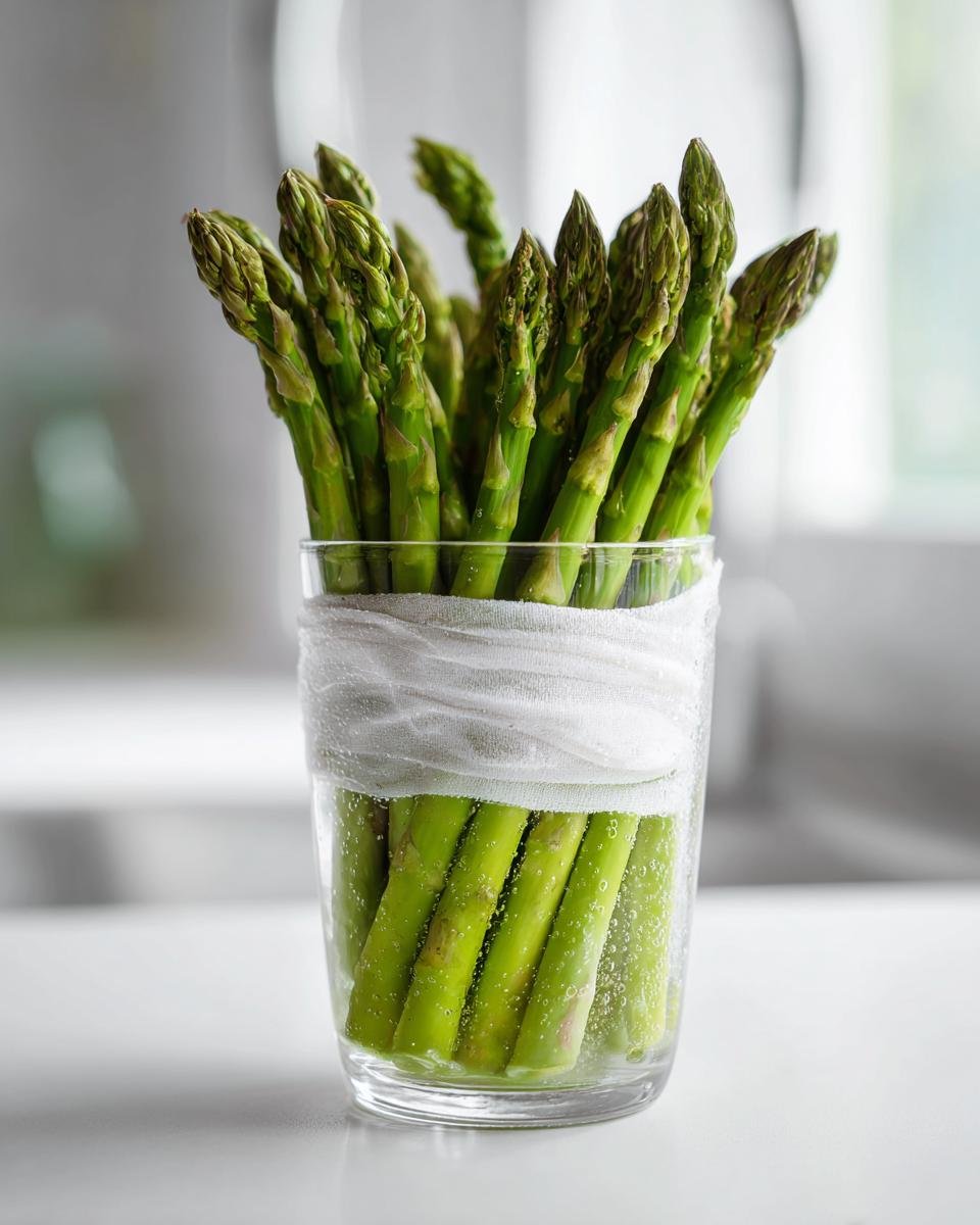 Fresh asparagus spears standing upright in a glass of water, demonstrating one of the 10 Tips To Keep Your Produce Fresh For Weeks.