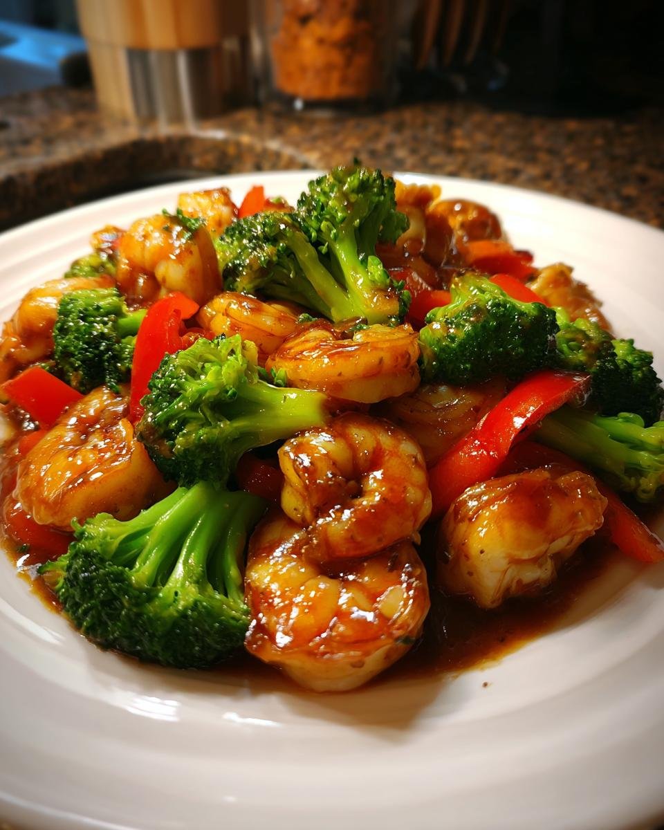 Close-up of glossy, sauced shrimp mixed with bright green broccoli and red bell peppers from the Aute Shrimp and Fish Recipe.