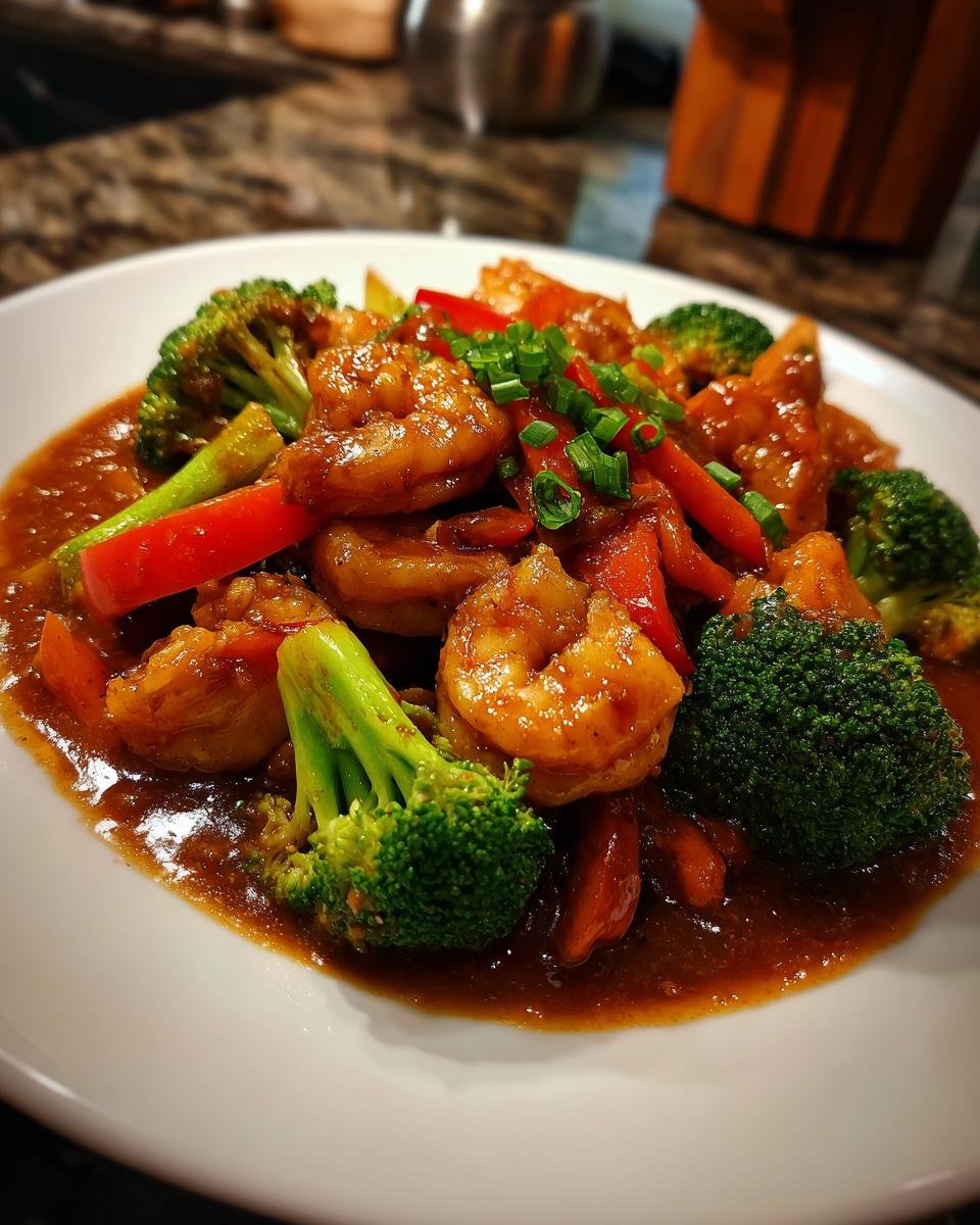 Close-up of succulent shrimp and vegetables in a rich sauce from the Aute Shrimp and Fish Recipe, garnished with green onions.