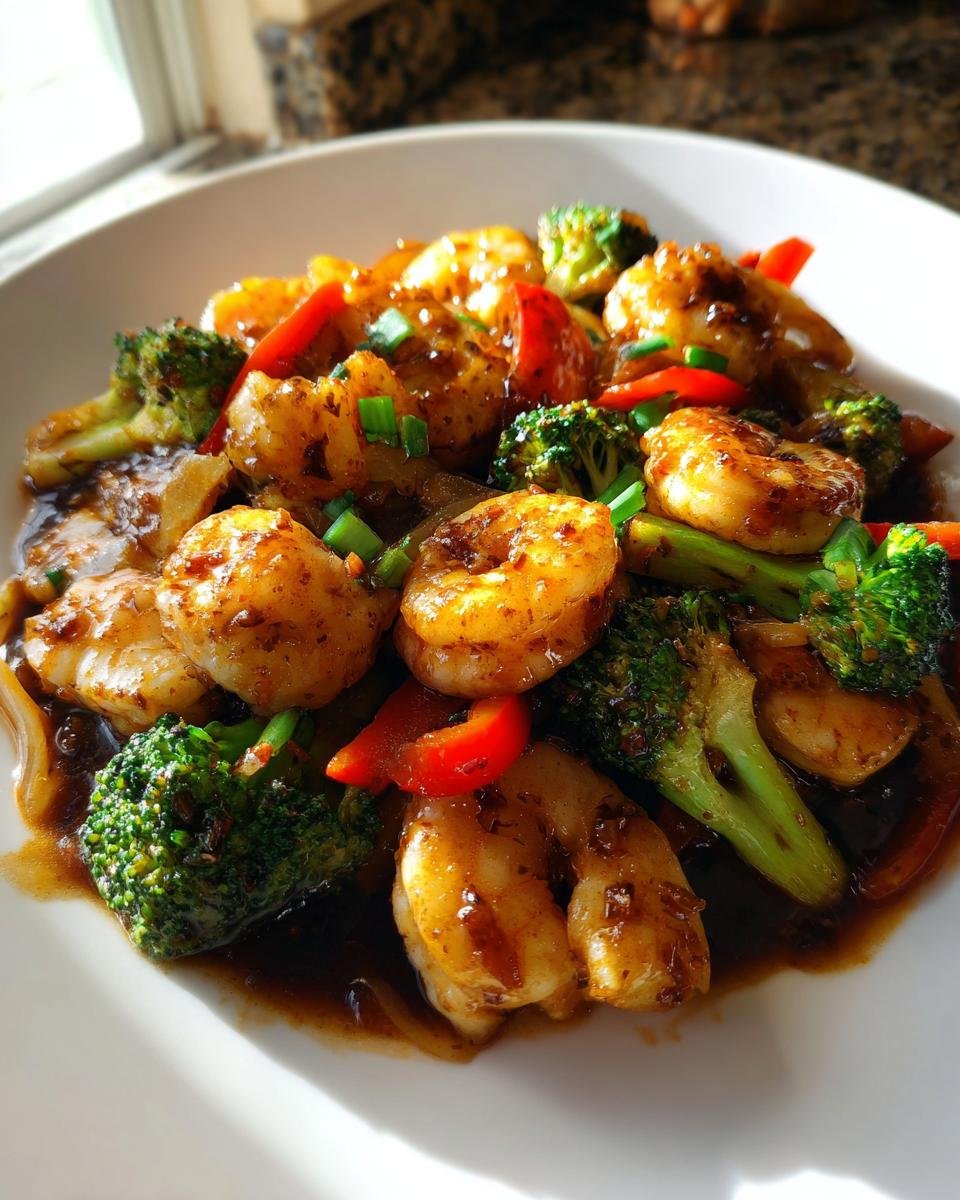 Close-up of glossy, saucy shrimp and vegetables from the Aute Shrimp and Fish Recipe served on a white plate.