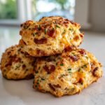 A close-up stack of three freshly baked Bacon Cheddar And Chive Biscuits topped with visible bacon bits and green chives.