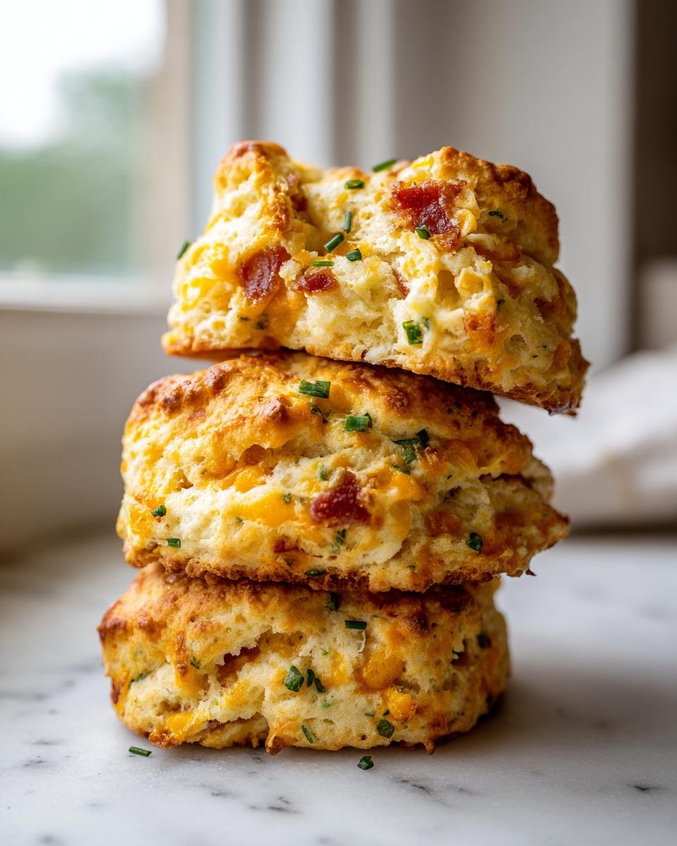 Three fluffy Bacon Cheddar And Chive Biscuits stacked vertically on a marble surface.