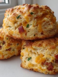 Three fluffy, golden-brown Bacon Cheddar And Chive Biscuits stacked on a white surface.