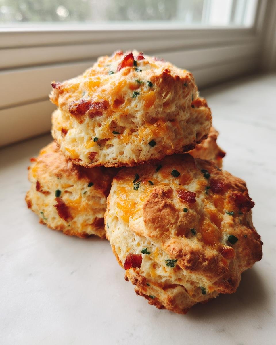 A stack of golden brown Bacon Cheddar And Chive Biscuits with visible bacon bits and green chives.
