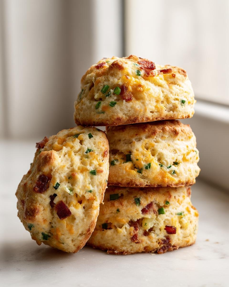 A stack of four golden-brown Bacon Cheddar And Chive Biscuits loaded with visible bacon bits and green chives.
