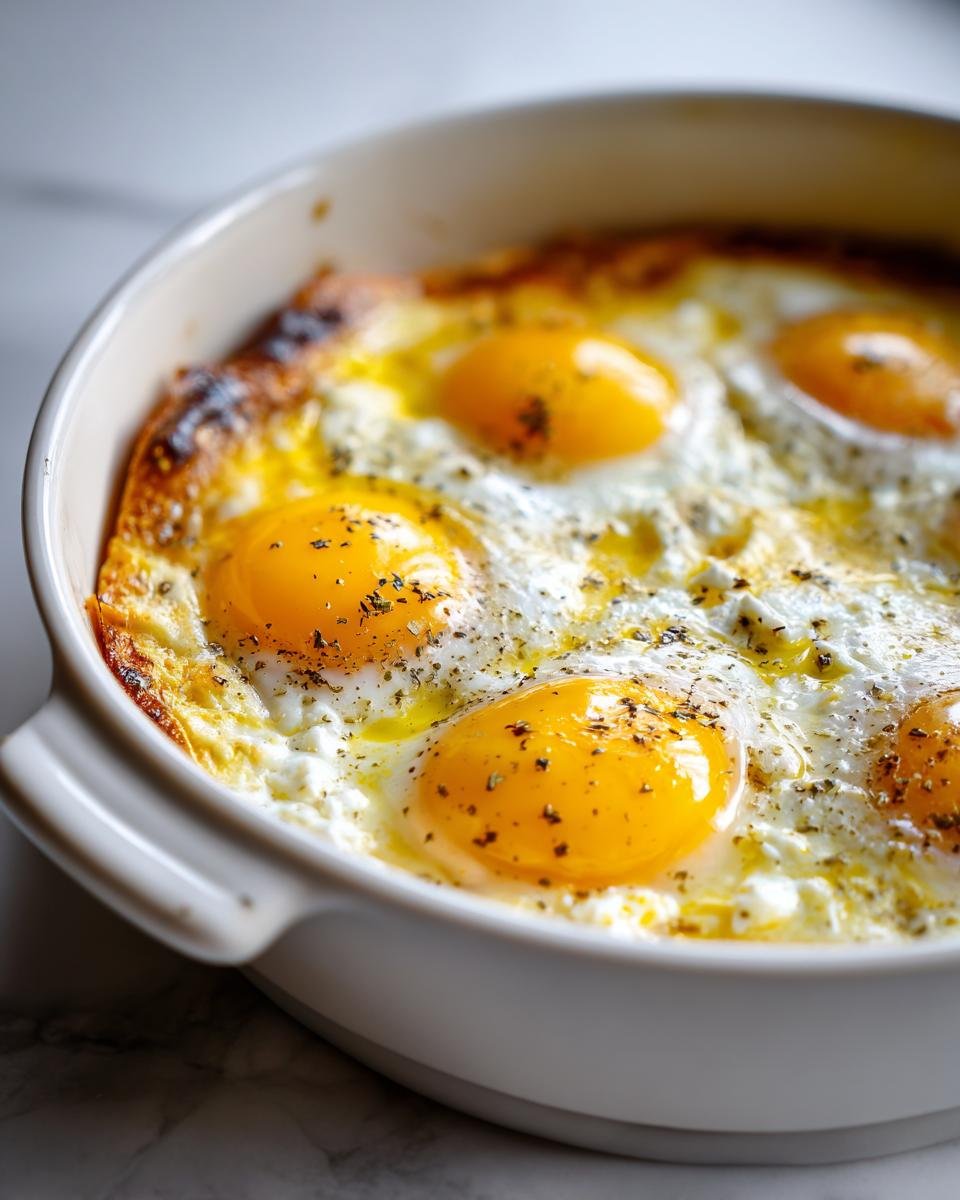 Close-up of freshly baked feta eggs with bright orange yolks, seasoned with herbs, in a white baking dish.