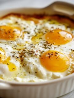 Four perfectly cooked sunny-side up eggs nestled in creamy baked feta, seasoned with herbs, a featured dish of Baked Feta Eggs.