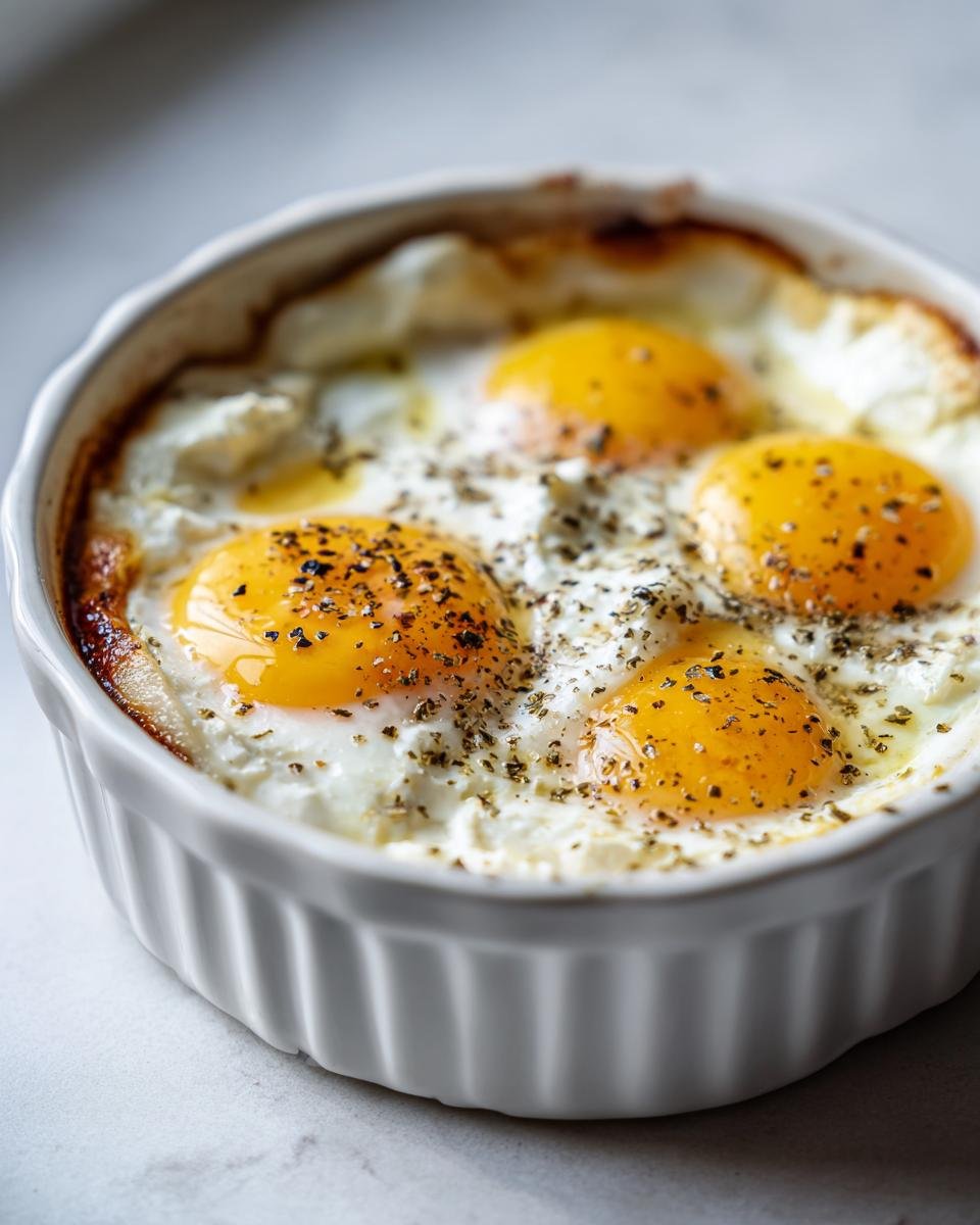 Four bright, runny yolk Baked Feta Eggs seasoned with pepper and herbs in a white ceramic ramekin.