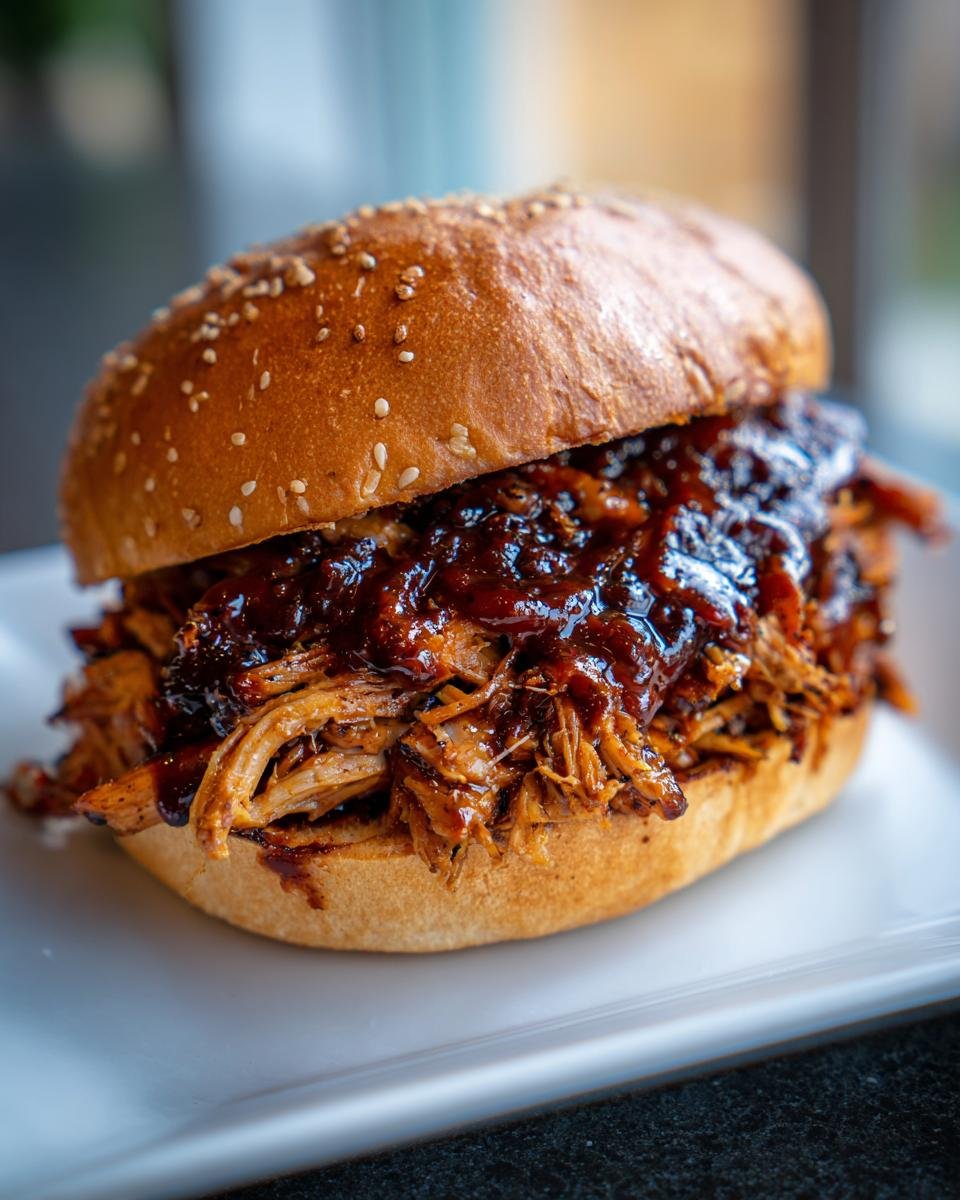 Close up of a delicious BBQ Jerk Pulled Pork Sandwiches Plant Based piled high on a sesame seed bun with rich sauce.