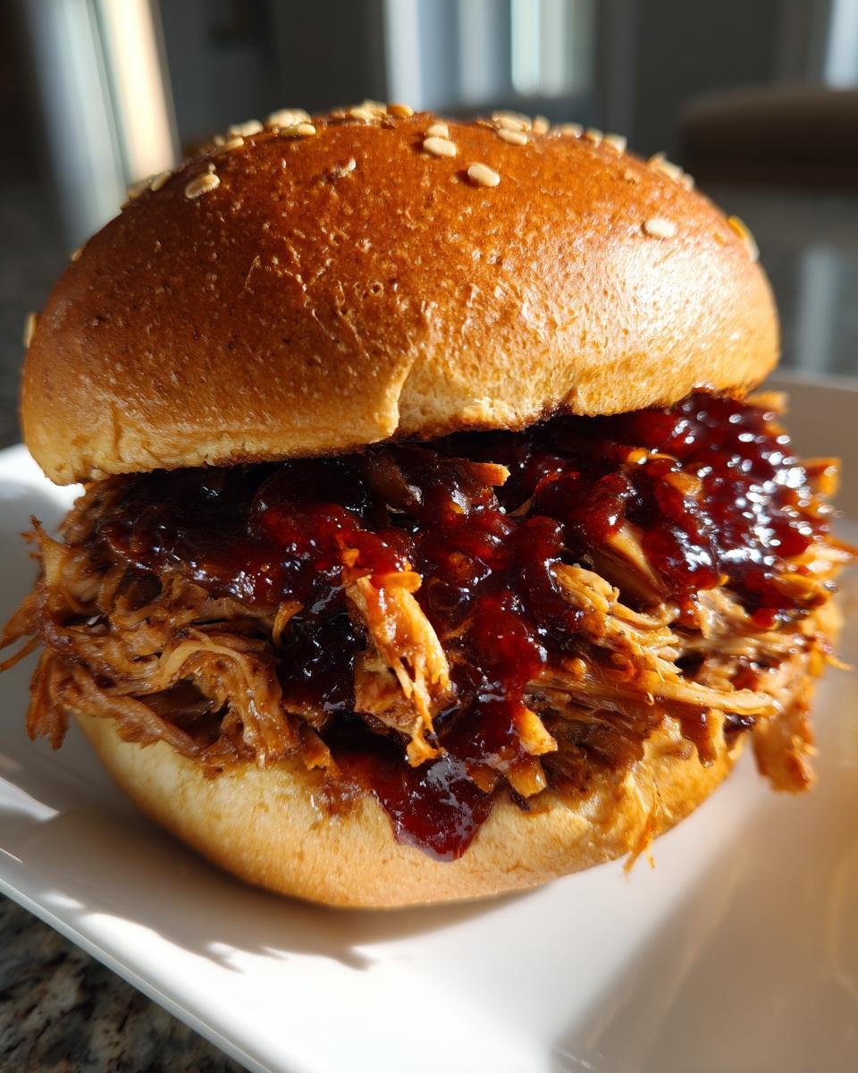 A close-up of a delicious BBQ Jerk Pulled Pork Sandwiches Plant Based on a sesame seed bun, drenched in dark sauce.