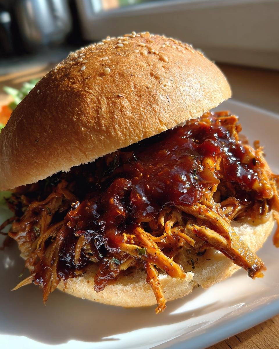 A close-up of a sesame seed bun filled with saucy, shredded BBQ Jerk Pulled Pork Sandwiches Plant Based.