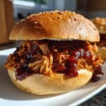 A close-up of a delicious BBQ Jerk Pulled Pork Sandwiches Plant Based piled high on a sesame seed bun with rich sauce.
