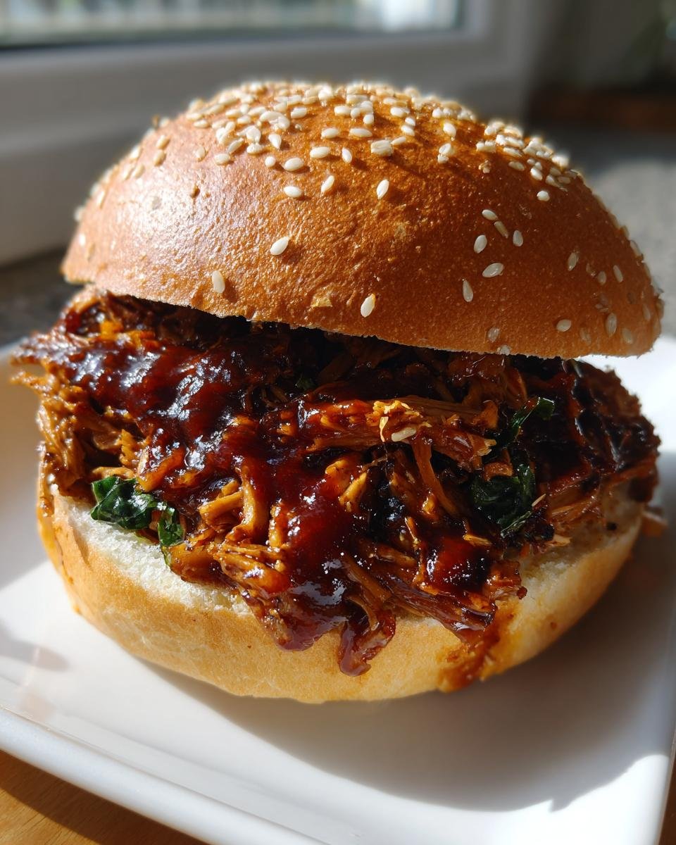 Close-up of a juicy BBQ Jerk Pulled Pork Sandwiches Plant Based piled high on a sesame seed bun.