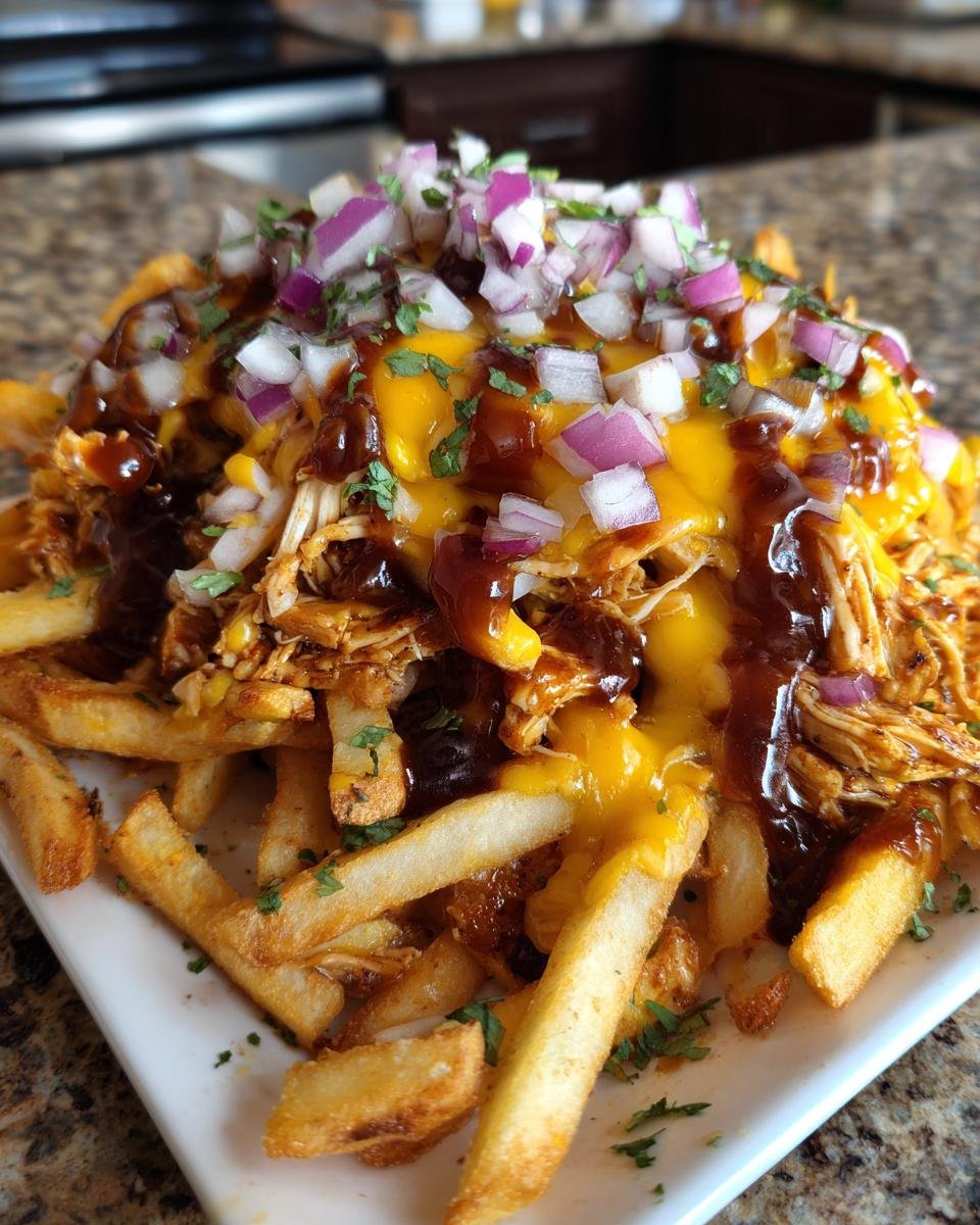A plate piled high with french fries topped with shredded chicken, melted cheese sauce, BBQ sauce, and diced red onions.