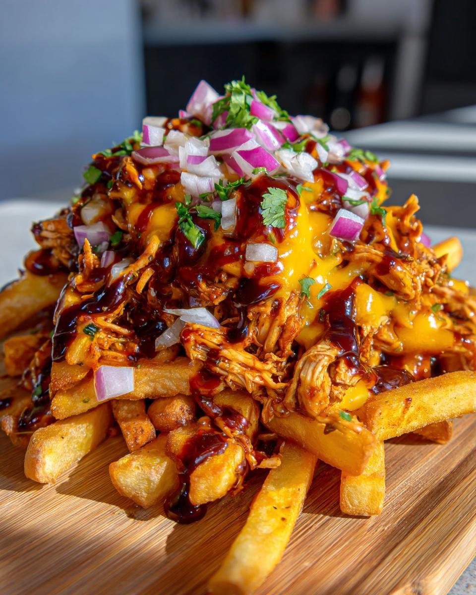 A close-up of BBQ Loaded Chicken Taco Fries smothered in cheese sauce, BBQ sauce, and topped with diced red onion.