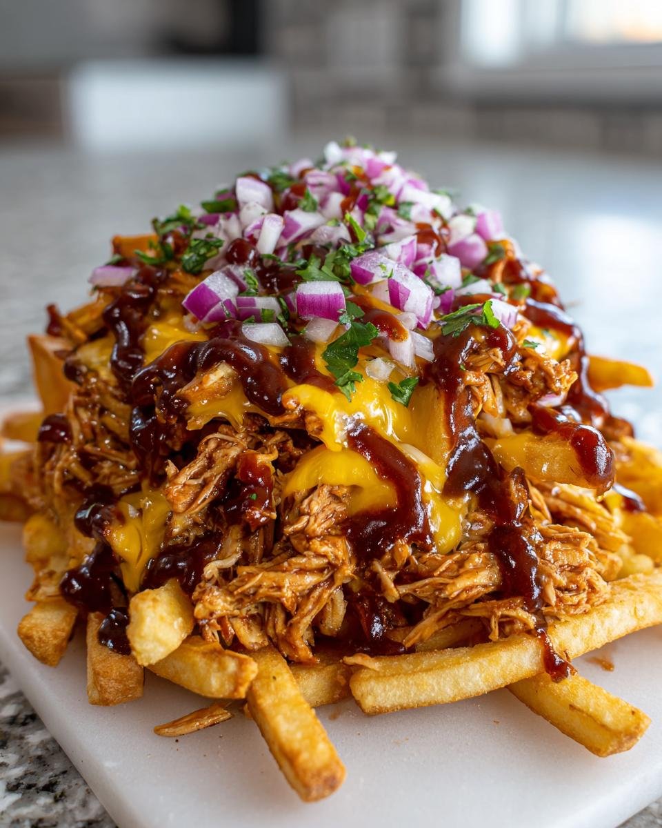 Close-up of BBQ Loaded Chicken Taco Fries covered in melted cheese, BBQ sauce, and diced red onions.