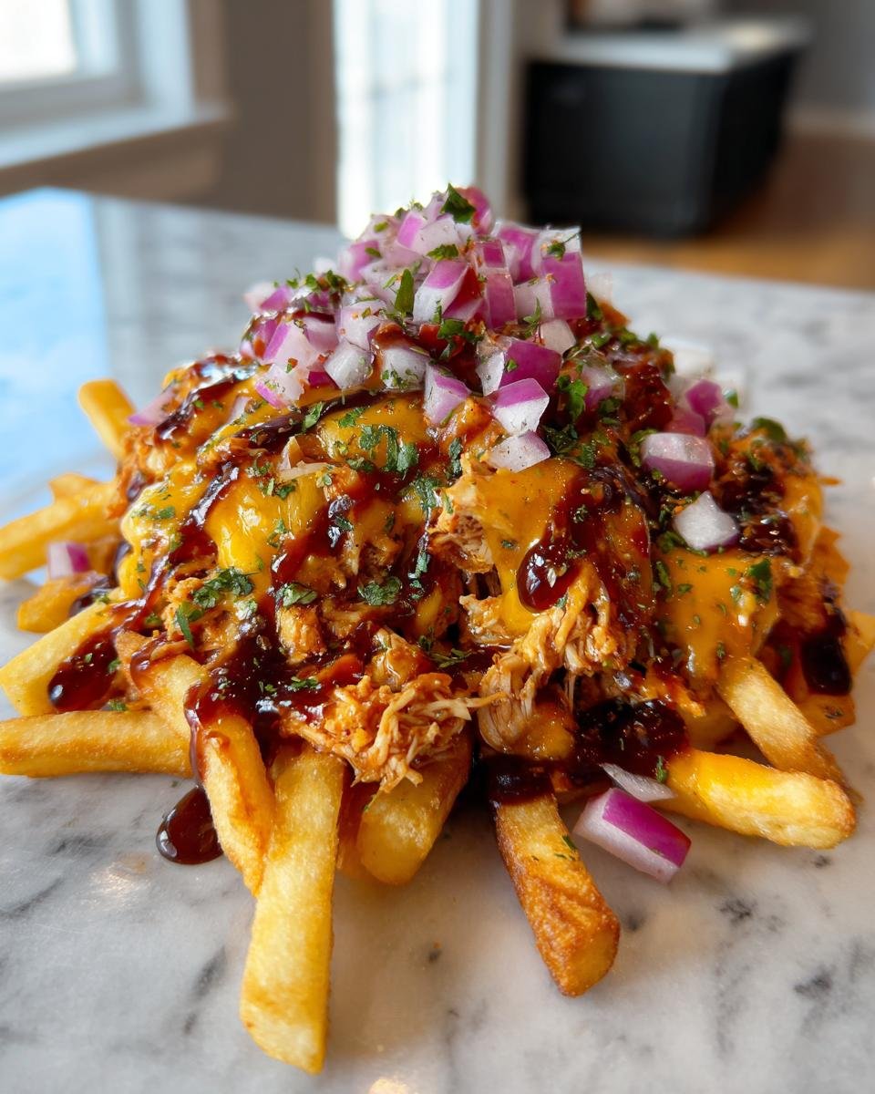 A mound of golden french fries topped with shredded chicken, melted cheese, BBQ sauce, and diced red onions for BBQ Loaded Chicken Taco Fries.