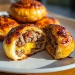 A Beef Bacon Cheeseburger Bomb cut in half showing seasoned ground beef and melted cheddar cheese filling.