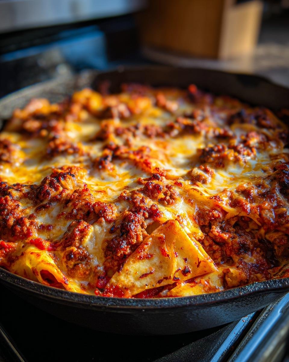 Close-up of bubbling Beef Skillet Enchiladas topped with melted cheese in a cast iron pan.