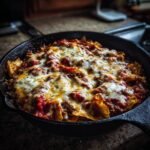 Close-up of bubbling Beef Skillet Enchiladas topped with melted cheese and herbs in a cast iron pan.