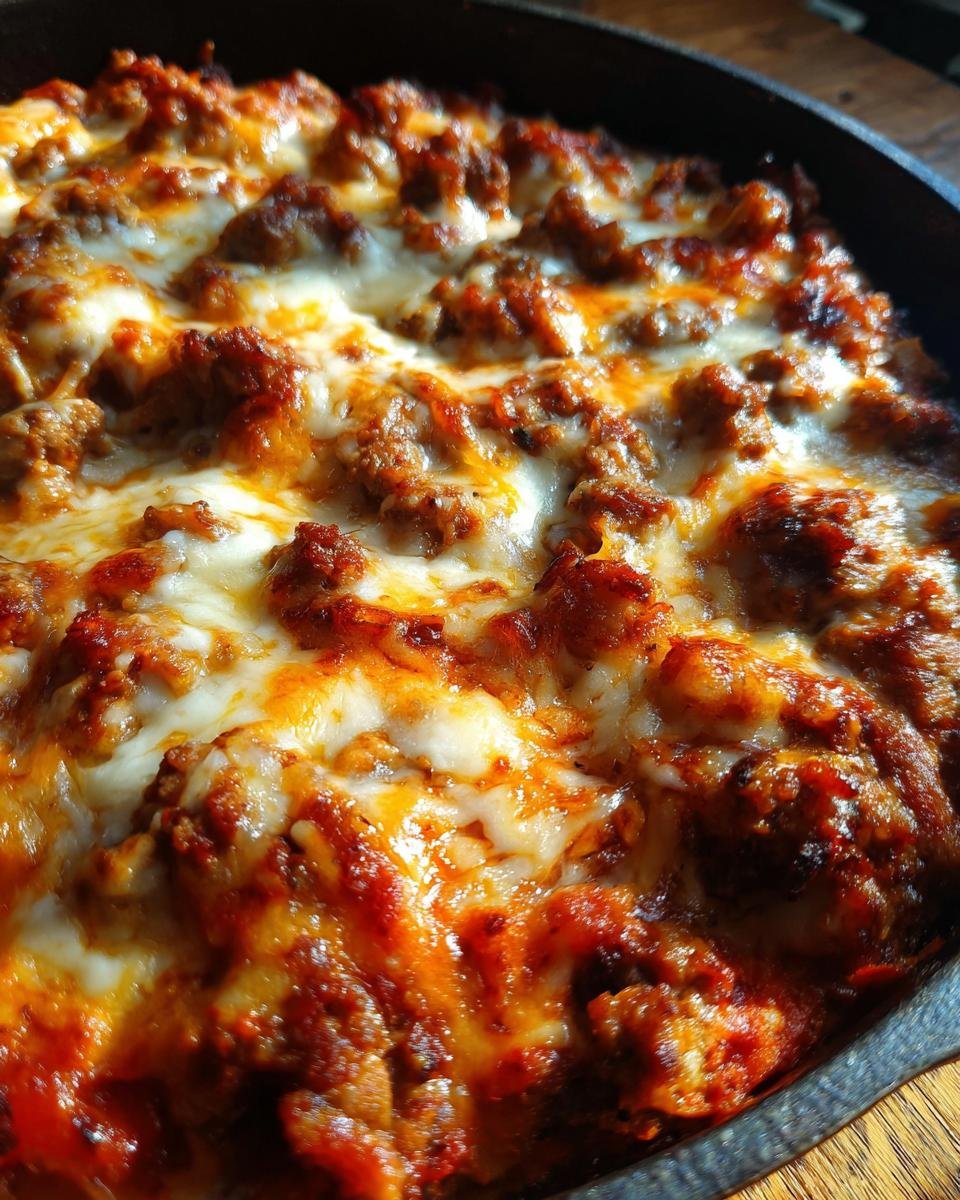 Close-up of bubbling, melted cheese over rich, saucy beef mixture in a skillet for Beef Skillet Enchiladas.