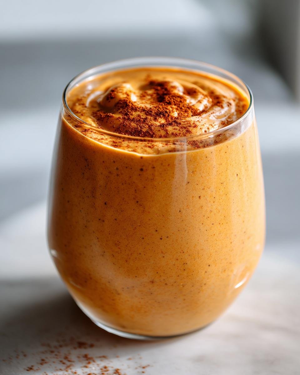 Close-up of a thick, orange-colored Best Autumn Smoothie Recipe topped with cinnamon.