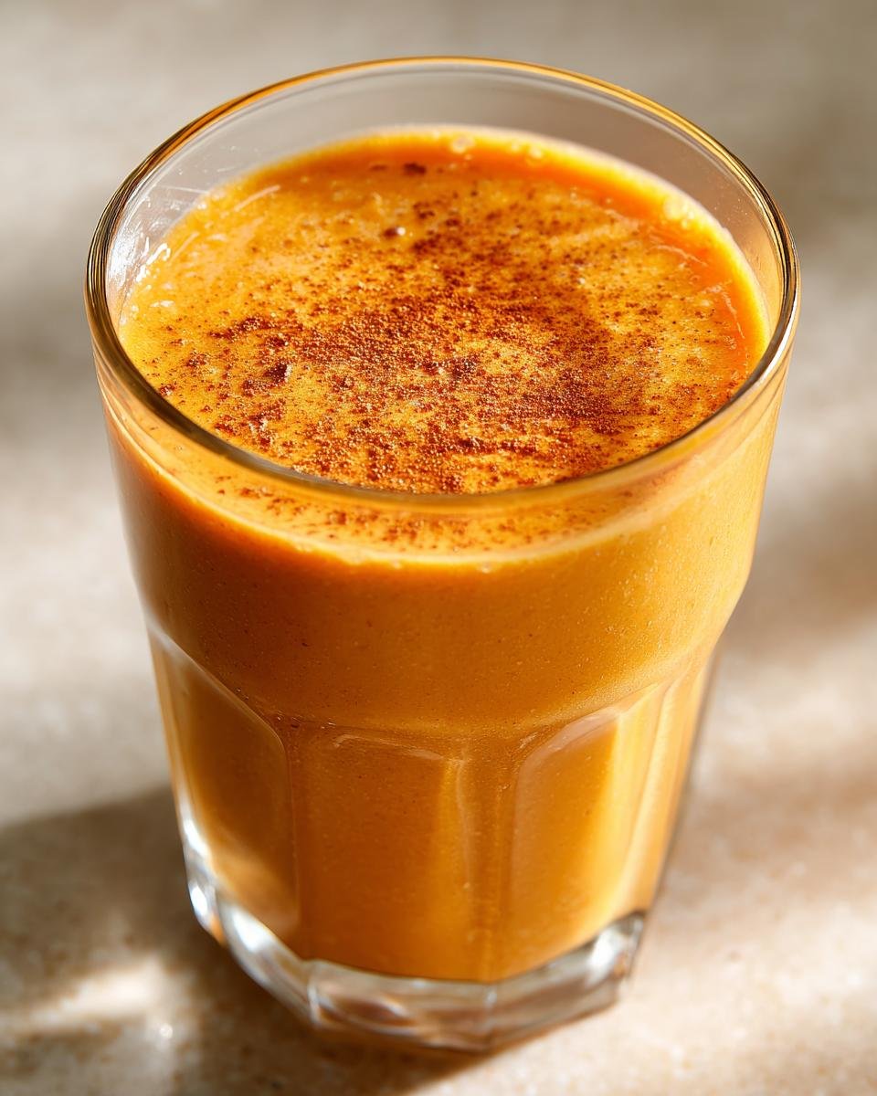 Close-up of a thick, orange-colored Best Autumn Smoothie Recipe topped with a sprinkle of cinnamon or nutmeg.