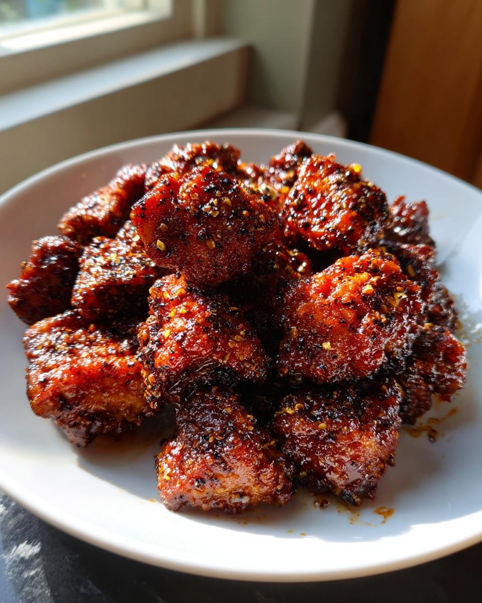 A pile of glossy, dark brown Best Black Pepper Chicken pieces heavily coated in cracked pepper and spices on a white plate.