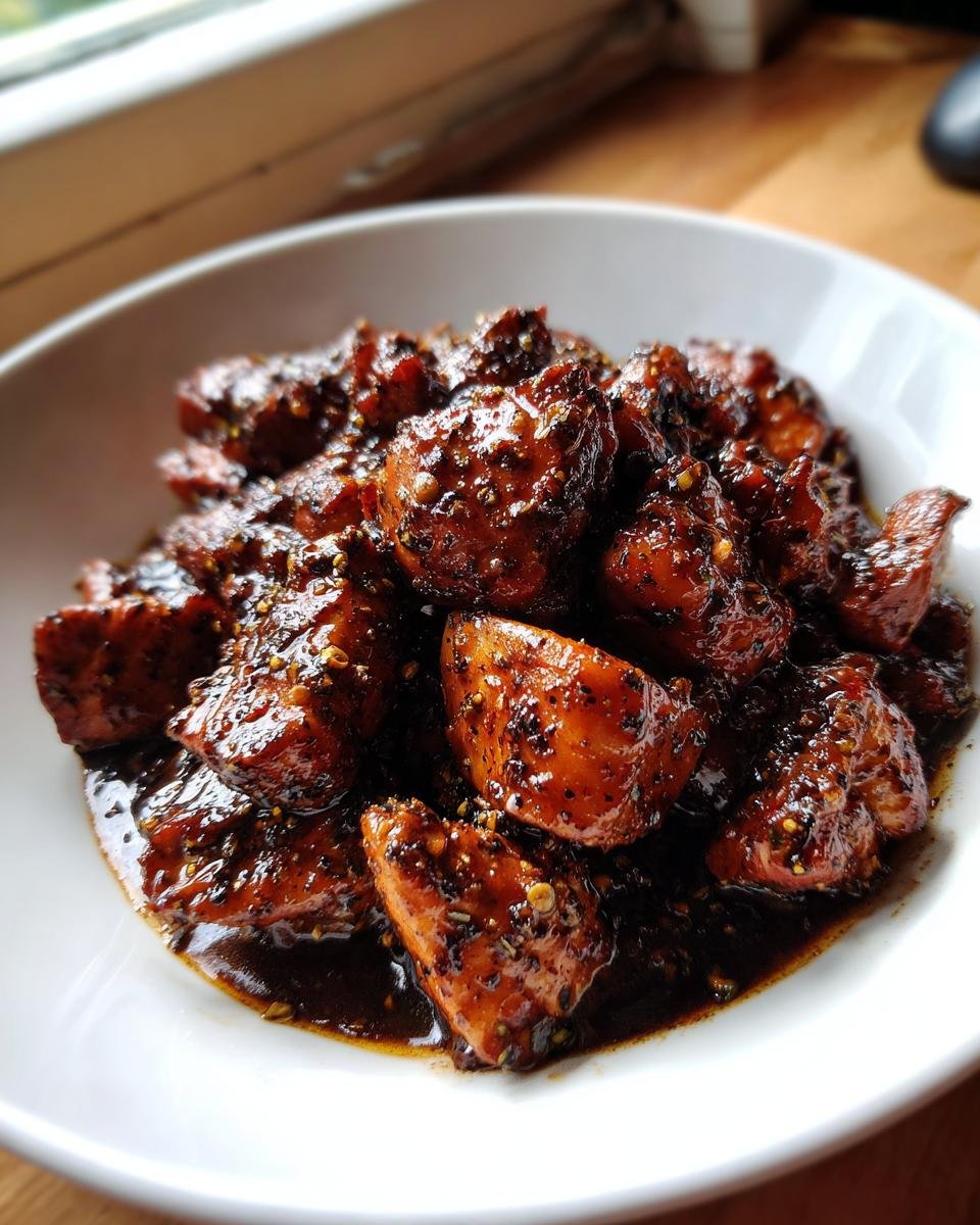 Close-up of glistening, dark pieces of Best Black Pepper Chicken coated heavily in a rich, peppery sauce.