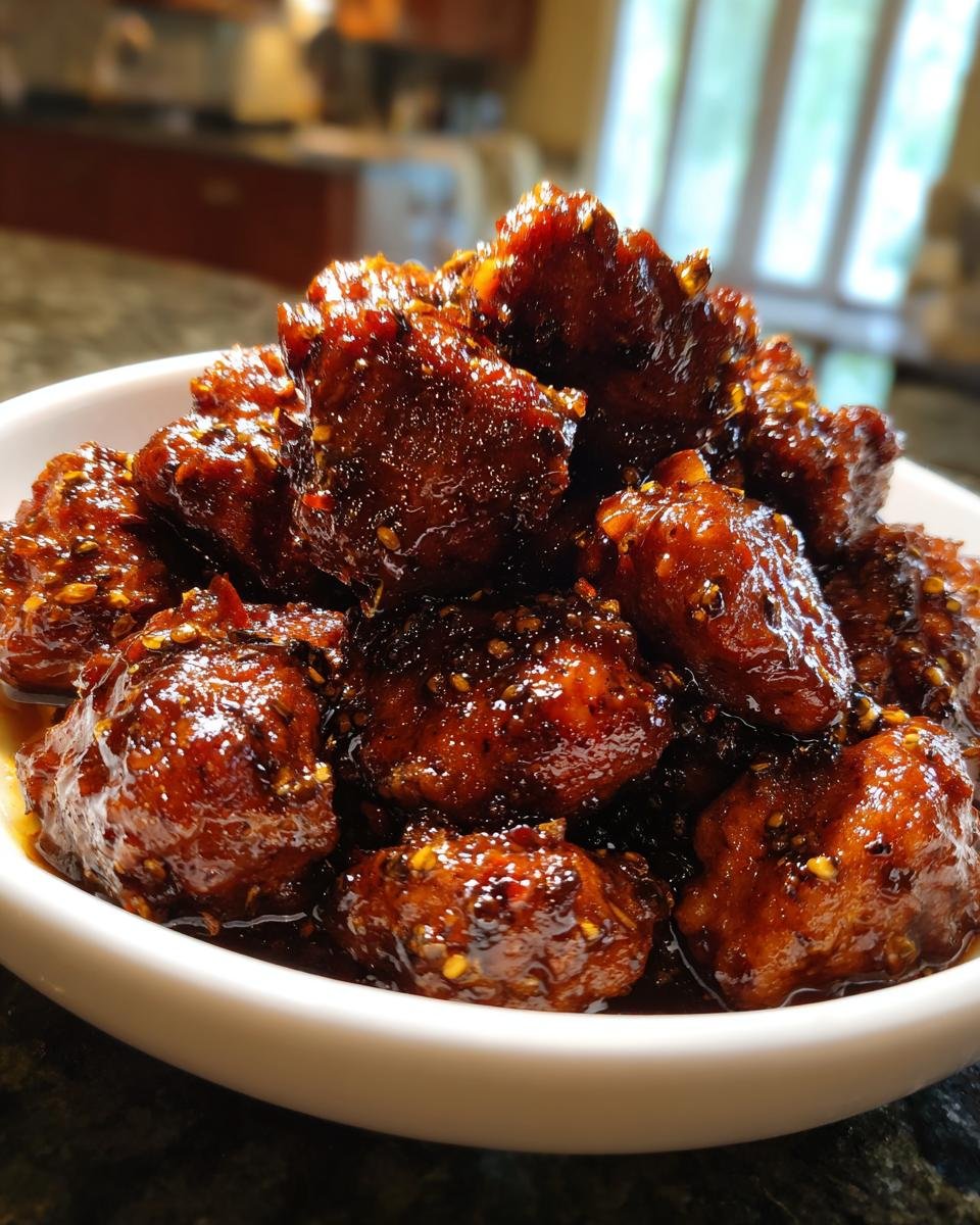 Close-up of glossy, dark glazed pieces of Best Black Pepper Chicken in a white bowl.